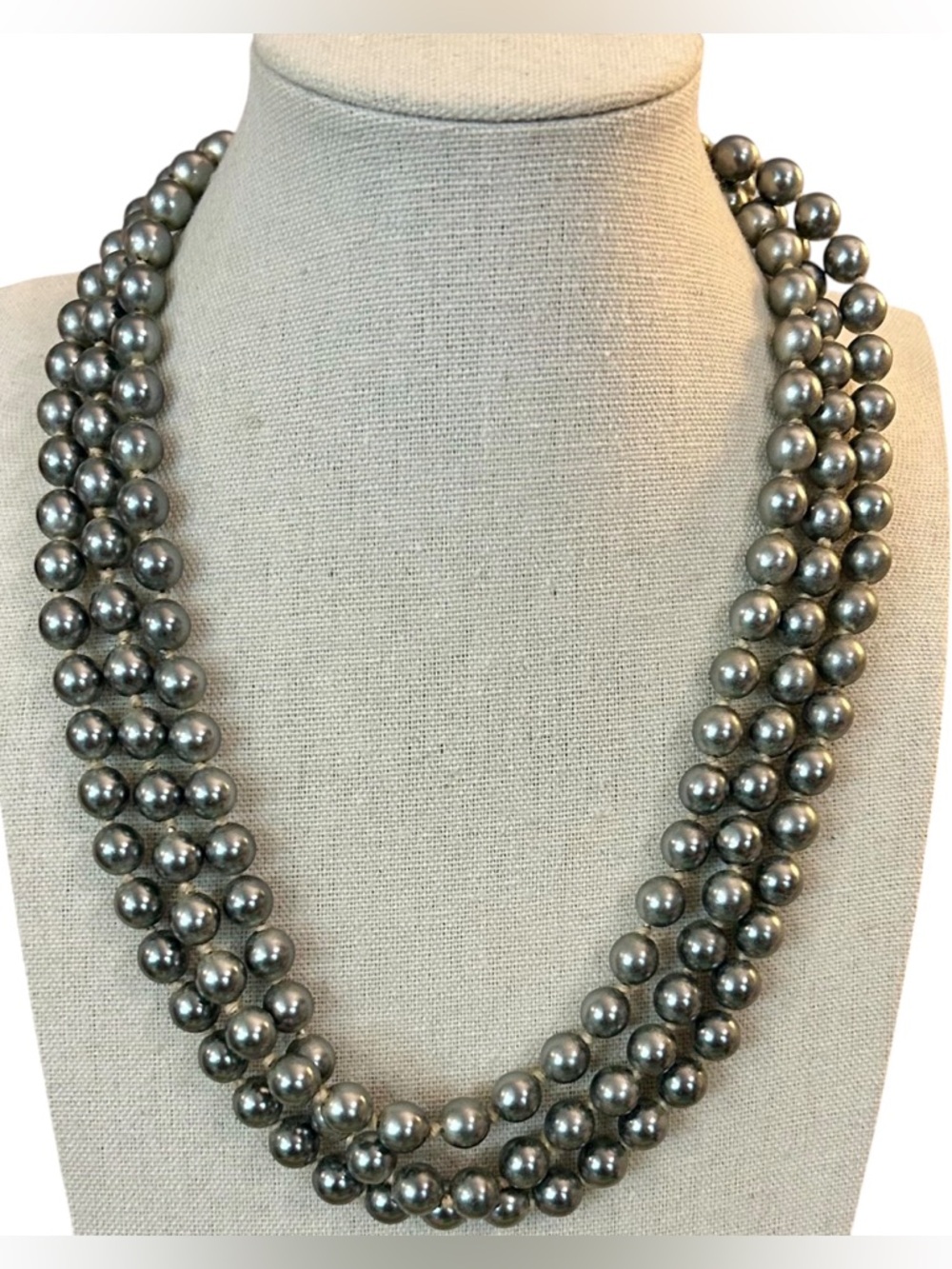 Vintage Kenneth Jay Lane KJL Gray Faux Pearl Necklace with KJL Logo Clasp